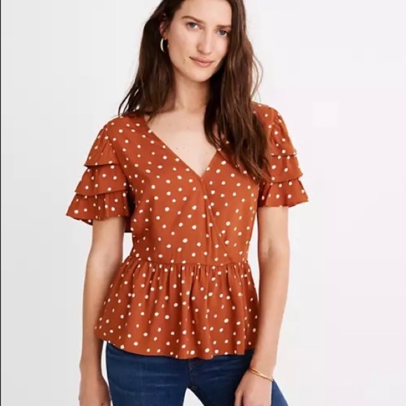 Madewell Tiered-Sleeve Peplum Top in Inkspot Dot Women’s Size 6 - Picture 1 of 9